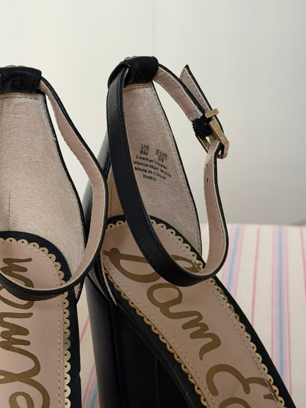 Sam Edelman Black Ankle-Strap Platform Heels with Gold Buckle